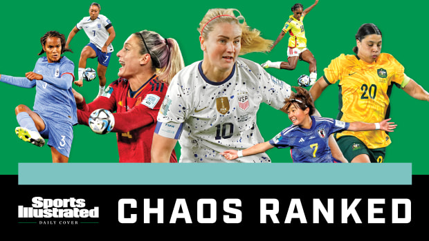 CHAOS RANKED: A graphic of USWNT's Lindsey Horan, Australia's Sam Kerr, France's Wendie Renard, Spain's Alexia Putellas, England's Lauren James, Japan's Hinata Miyazawa and Colombia's Linda Caicedo.